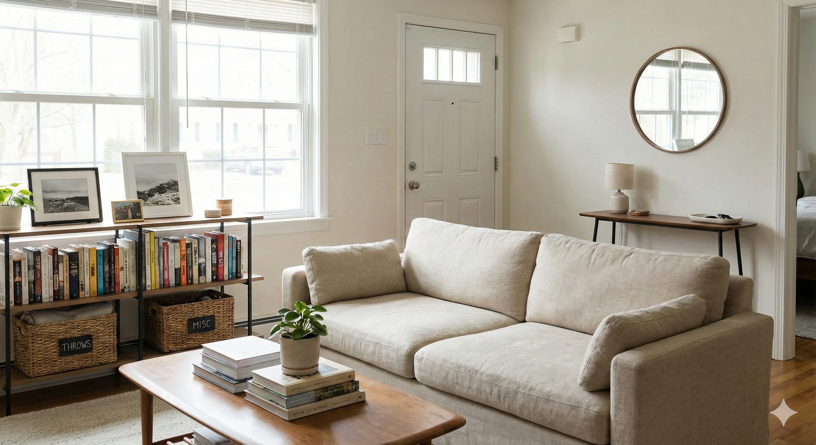 Organized living room with simple storage solutions and decluttering inspiration for 2026 Bright, organized living room with minimal clutter, neutral furniture, labeled storage baskets, and natural light, showcasing simple home organization ideas for 2026.
